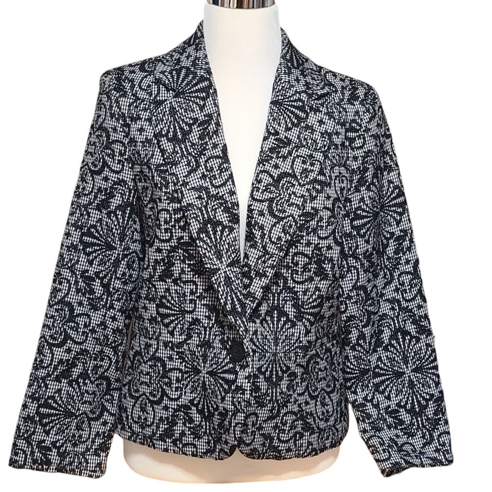 Womens Blazer Rose Haggard Sz 14 Hounds Tooth Checker Embroidery Look Cottage